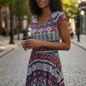 Bobbie Brooks Aztec Skater Mini Dress Stretch Vintage Hipister Short Sleeve S